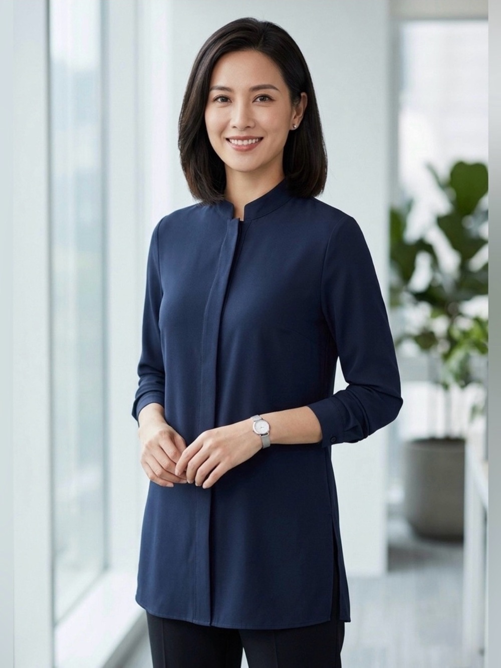 Woman’s ADAY Black Mandarin-Collar Longline Button-Down Shirt